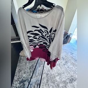 Chico's Black, White, and Burgundy Patterned Blouse
